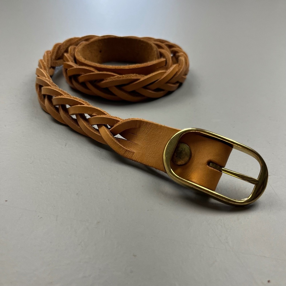 Vintage Braided Leather Belt Womens 30-34 Tan Gold Tone Buckle Woven Skinny 80s